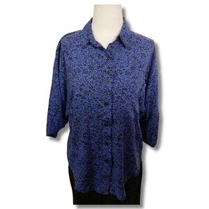 MEMORIES Vintage dark periwinkle black floral shirt ~ MEDIUM LARGE button-down